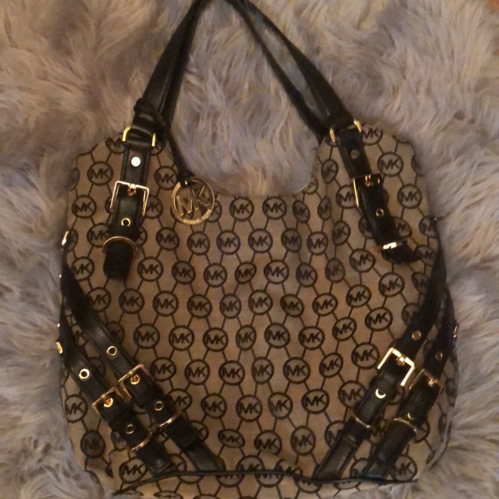 Michael Kors black leather straps canvas bag